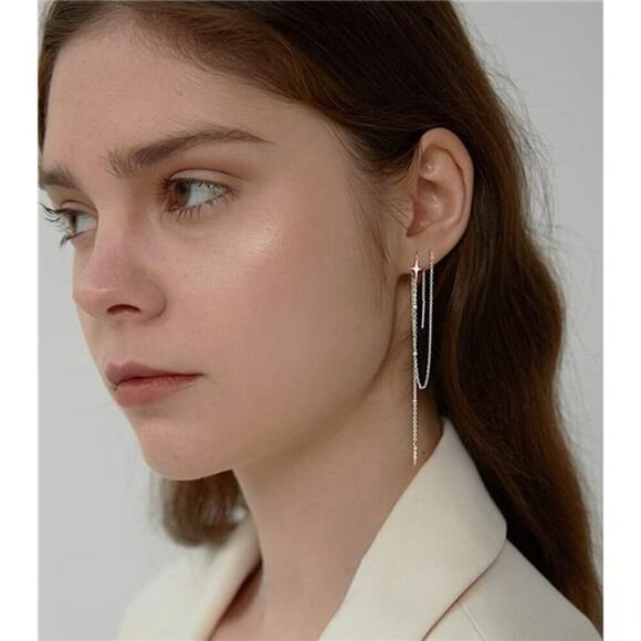 925 Sterling Silver Earrings Star Long Dangle Chain for Women Teens Line Dangle - Picture 3 of 7